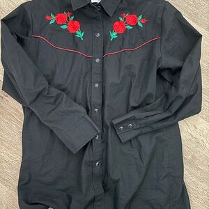Ely Cattleman Black Button Down Shirt with Red Embroidery